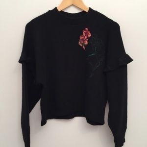 Zara Collection Ruffle Black Embroidered Sweater